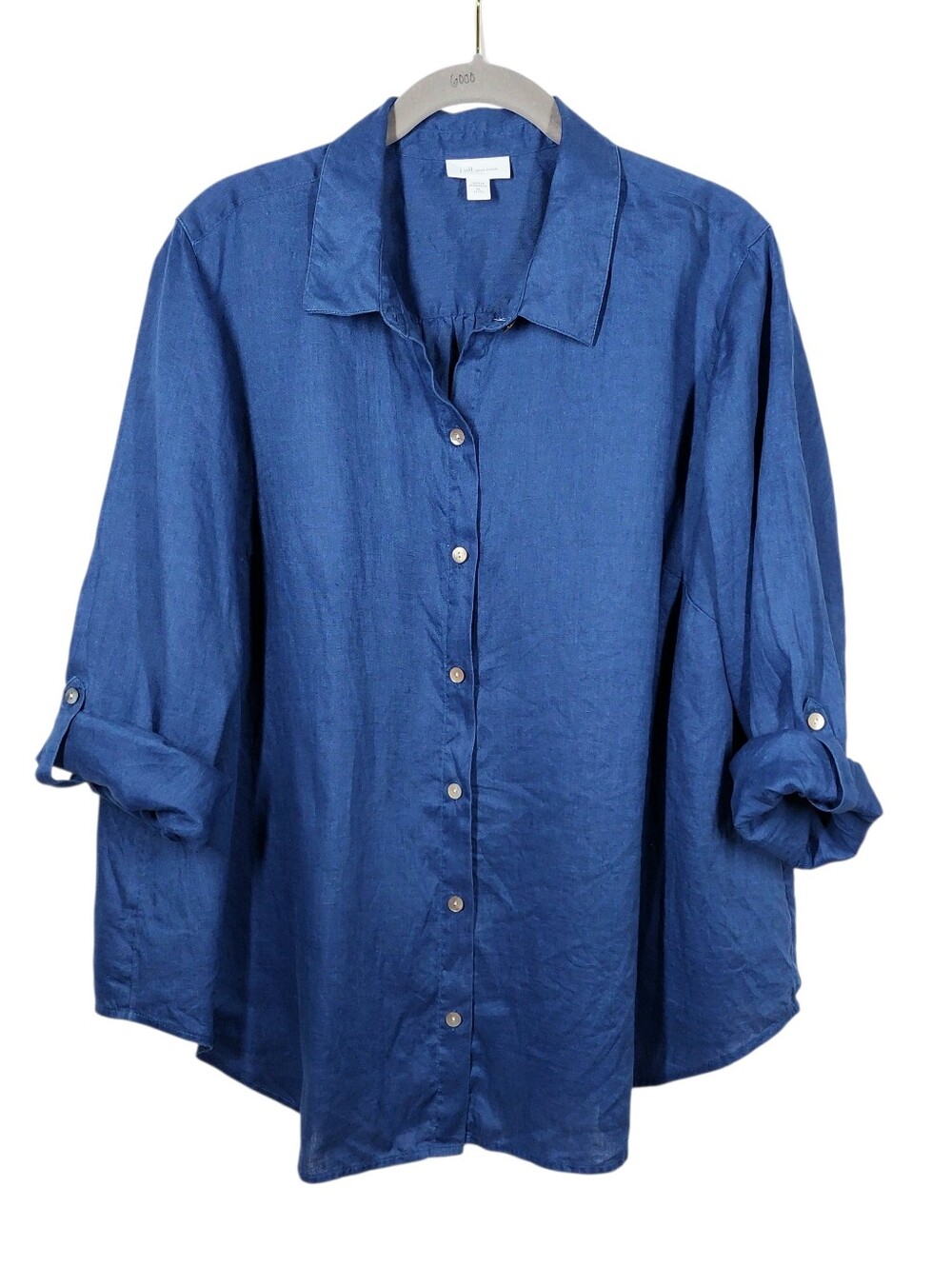 J. Jill Love Linen Blue Collared Button Up Blouse Roll Tab Sleeves XL Petite